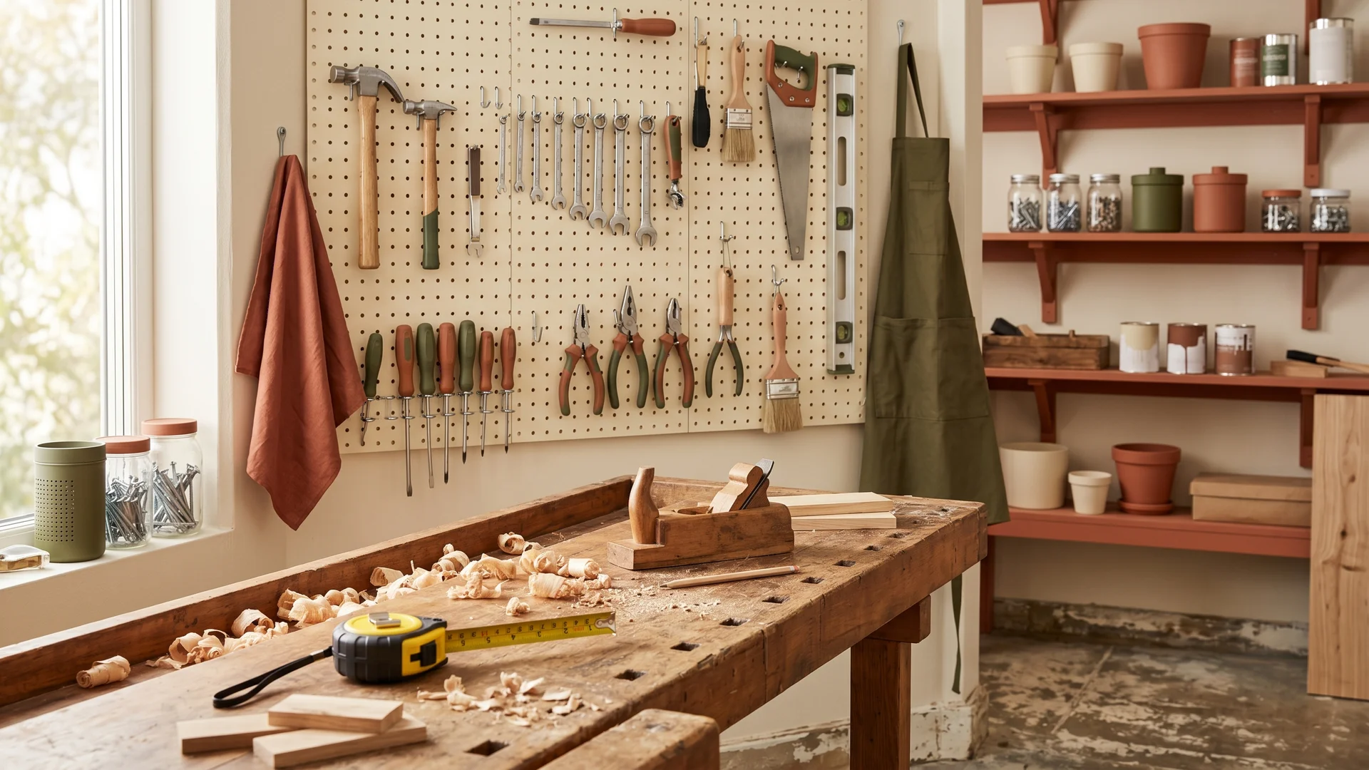 KAMS Home Services — handyman workshop with tools laid out in warm daylight